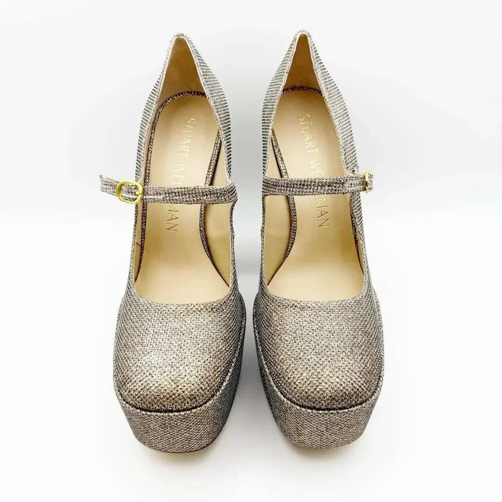 Stuart Weitzman Skyhigh 145 Mary Jane Platform Heels US 9.5 Beige Metallic NWOB